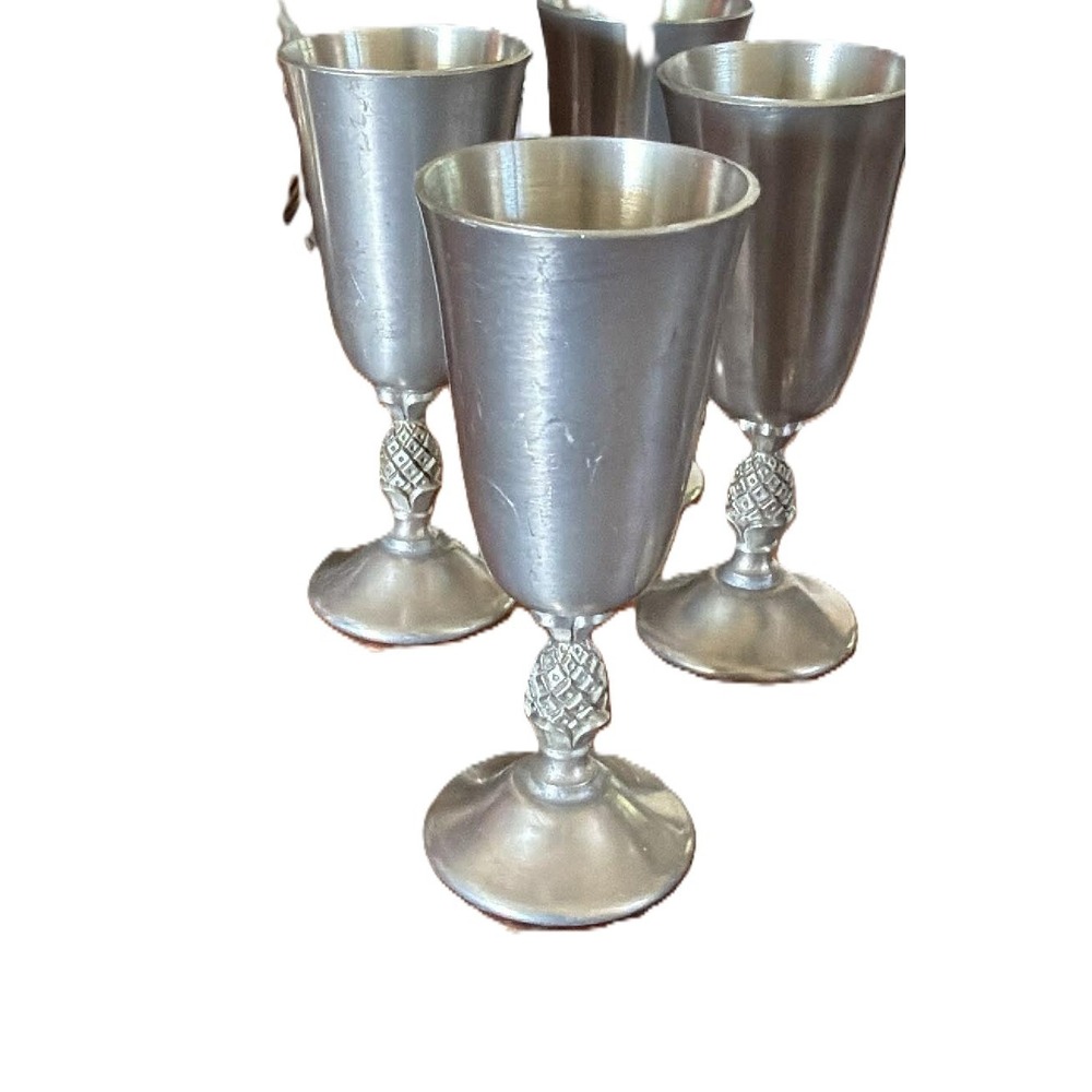 Pewter Cordials Set of 6 Pineapple Stem MCM Hawaiian Luau Elegant Entertaining